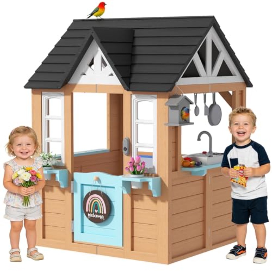 Outdoor Playhouse for Wooden K - Kids Outdoor House With Kitchen reseña y precio