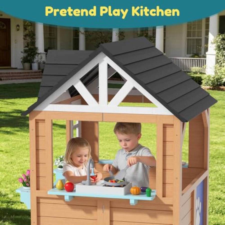 Outdoor Playhouse for Wooden K - Kids Outdoor House With Kitchen reseña y precio