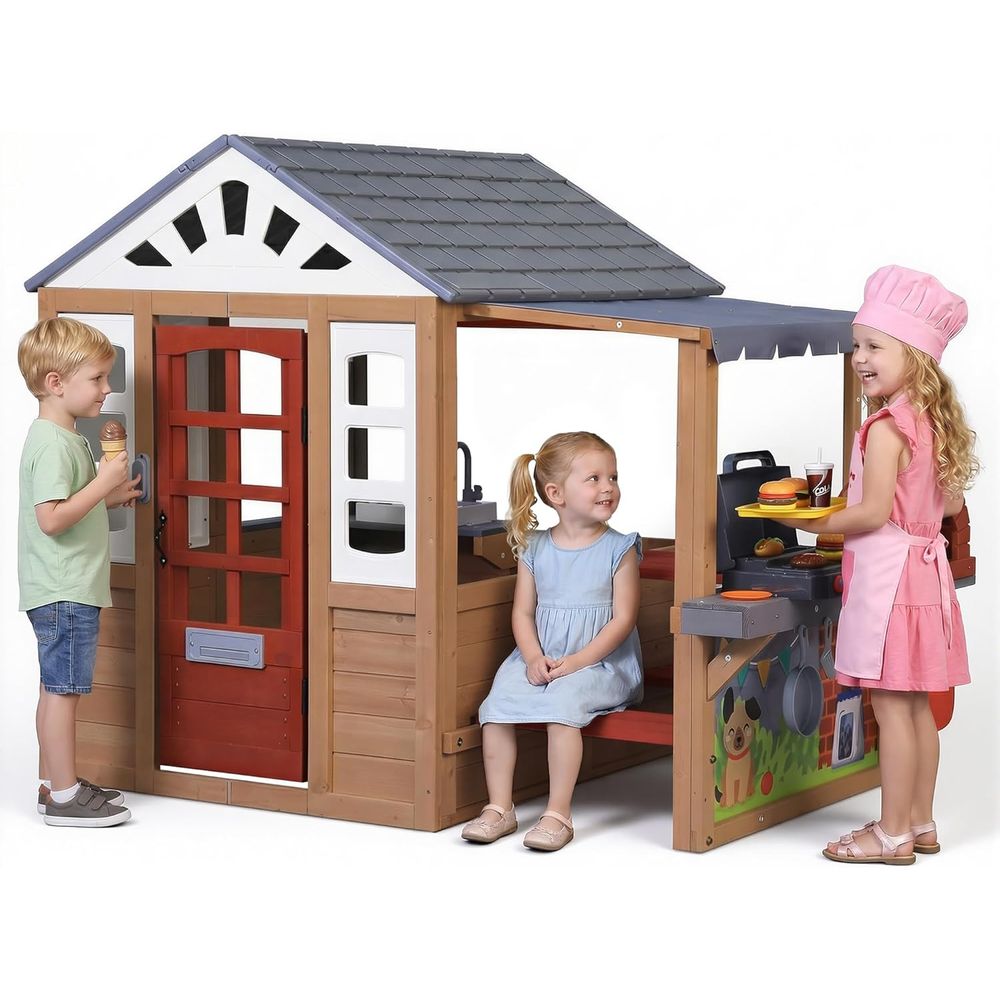 Kids Outdoor Wooden Playhouse, - Kids Outdoor House With Kitchen reseña y precio