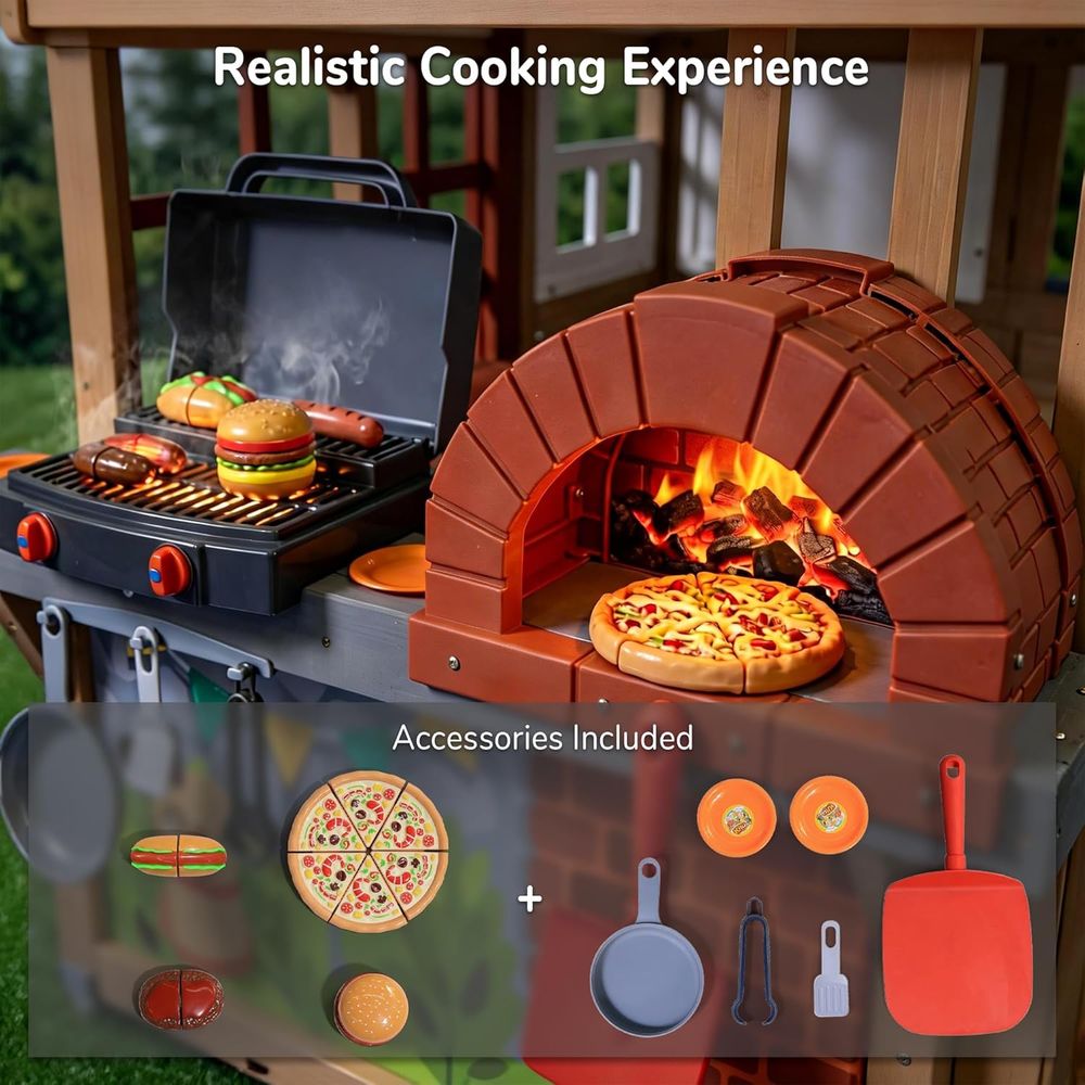Kids Outdoor Wooden Playhouse, - Kids Outdoor House With Kitchen reseña y precio