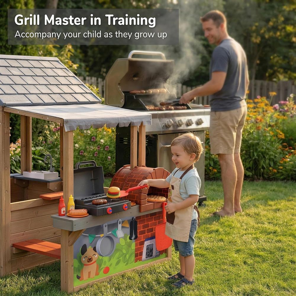 Kids Outdoor Wooden Playhouse, - Kids Outdoor House With Kitchen reseña y precio